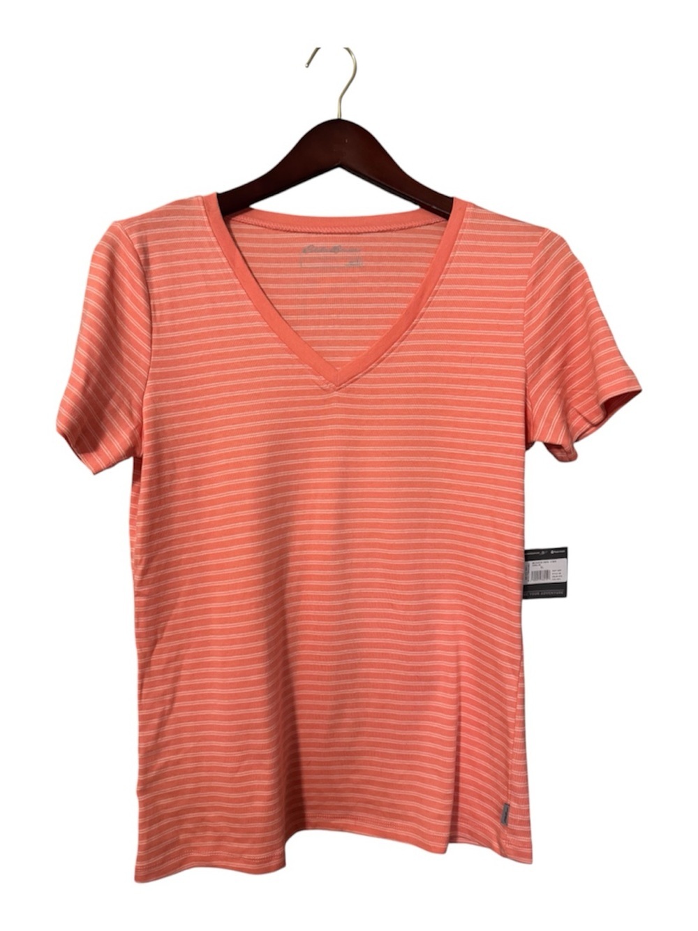 NWT Eddie Bauer Favorite Coral Striped V-Neck T-Shirt XL
